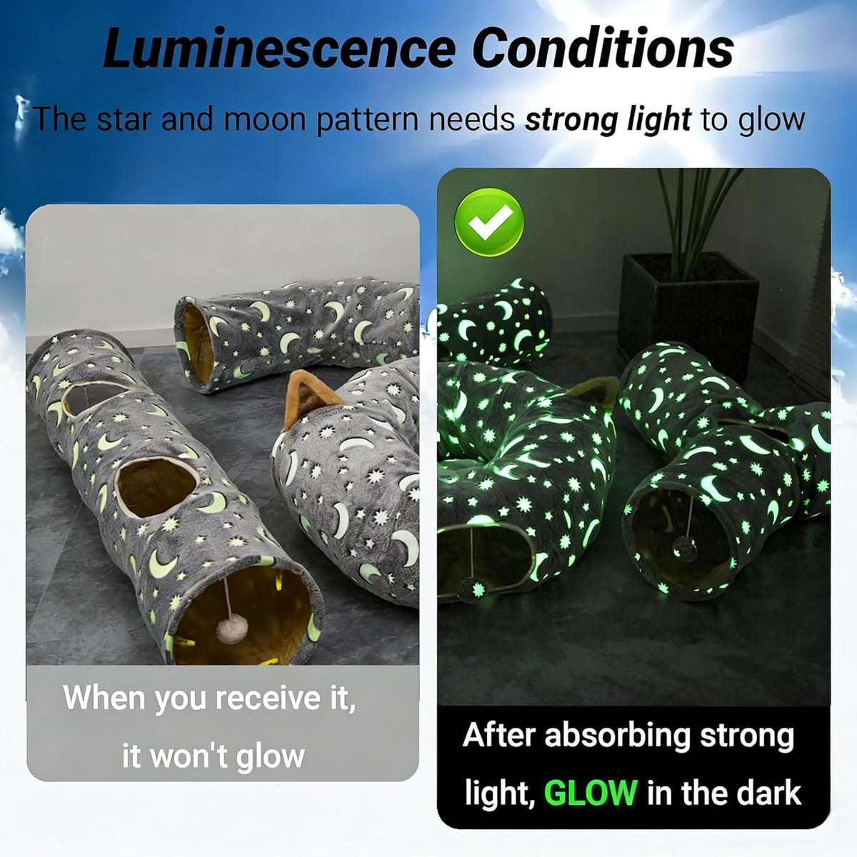 Cat Tunnel Tube with Plush Ball Toys Collapsible Self-Luminous Photoluminescence, for Small Animals Pets Bunny Rabbits, Kittens, Ferrets,Puppy and Dogs Grey Moon Star