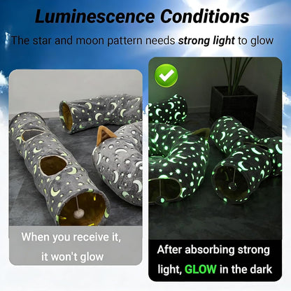 Cat Tunnel Tube with Plush Ball Toys Collapsible Self-Luminous Photoluminescence, for Small Animals Pets Bunny Rabbits, Kittens, Ferrets,Puppy and Dogs Grey Moon Star