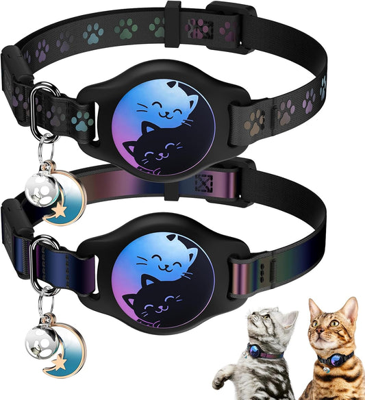 Cat Collar with Airtag Holder, 2 Pack Waterproof Breakaway Kitten Collar for Apple Airtag GPS Tracker, Adjustable Cat Collar with Buckle, Bell & Reflective Pattern for Cats, Kittens, Black (8-11")