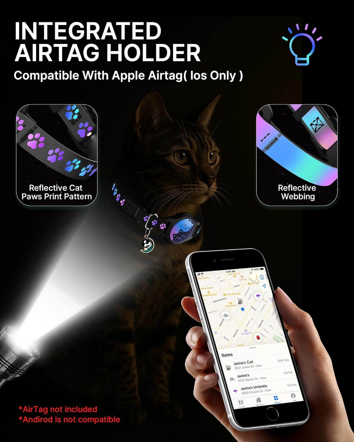 Cat Collar with Airtag Holder, 2 Pack Waterproof Breakaway Kitten Collar for Apple Airtag GPS Tracker, Adjustable Cat Collar with Buckle, Bell & Reflective Pattern for Cats, Kittens, Black (8-11")