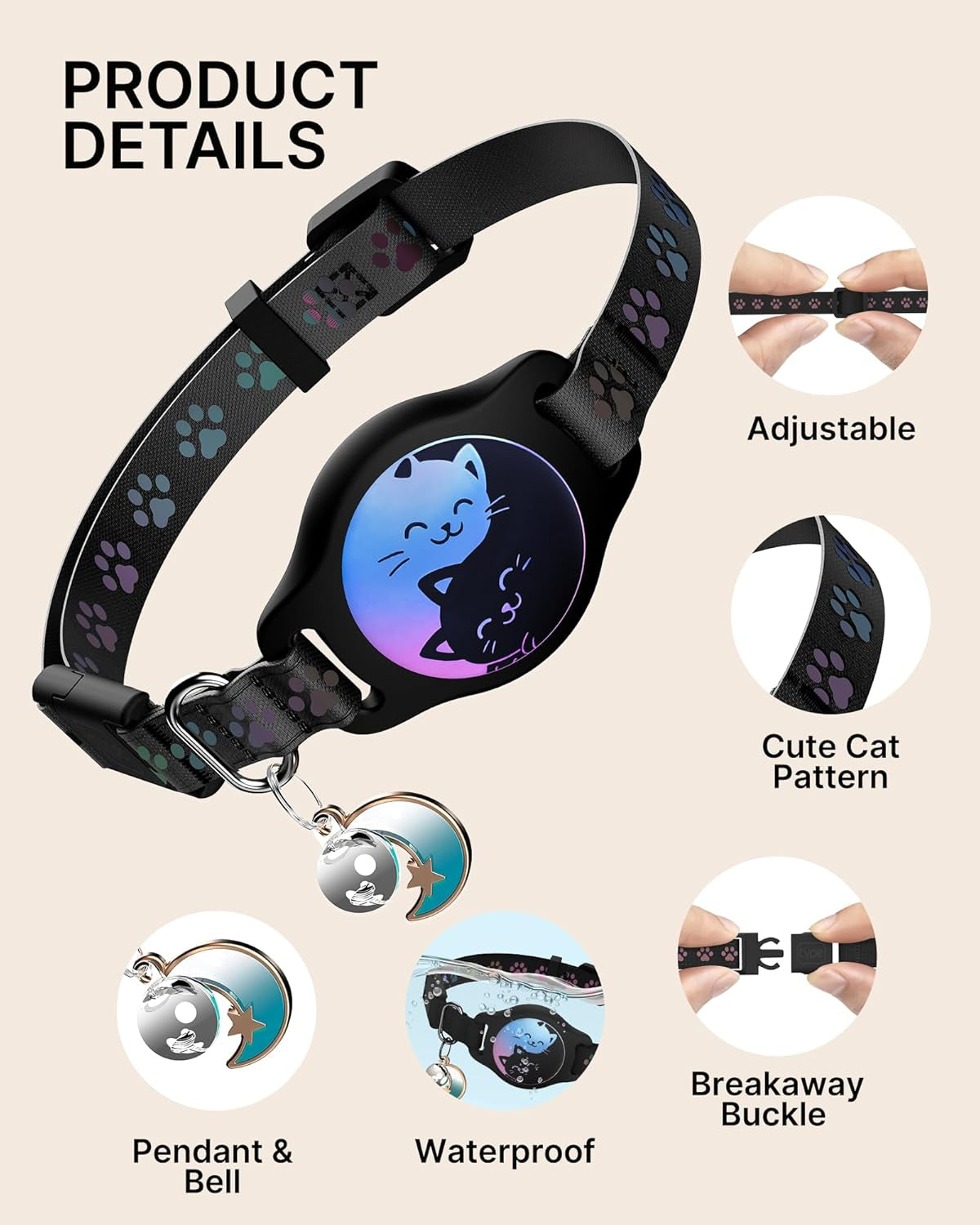 Cat Collar with Airtag Holder, 2 Pack Waterproof Breakaway Kitten Collar for Apple Airtag GPS Tracker, Adjustable Cat Collar with Buckle, Bell & Reflective Pattern for Cats, Kittens, Black (8-11")